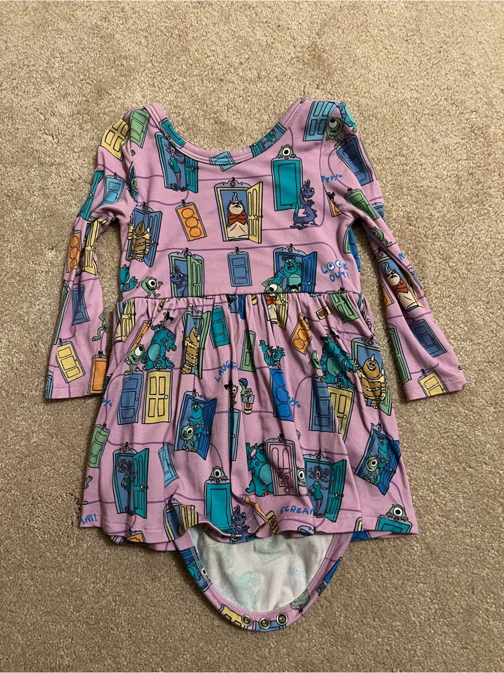 Little Sleepies Pink Monsters Inc. Long Sleeve Twirl Dress size 6-12 months